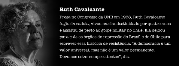Presa no Congresso da UNE em 1968, Ruth Cavalcante fugiu da cadeia, viveu na clandestinidade por quatro anos e assistiu de perto ao golpe militar no Chile. Astúcia, agilidade e sempre alerta, Ruth deixou para trás os órgãos de repressão do Brasil e do Chile para escrever sua história de resistência.