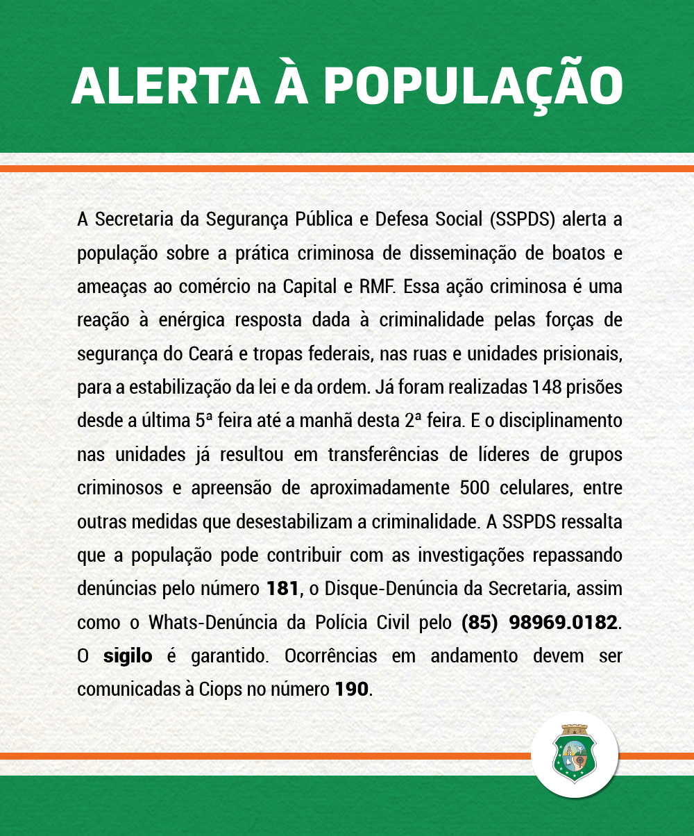 A Secretaria da Segurança Pública e Defesa Social (SSPDS) alerta a população sobre a prática criminosa de disseminação de boatos e ameaças ao comércio na Capital e RMF. Essa ação criminosa é uma reação à enérgica resposta dada à criminalidade pelas forças de segurança do Ceará e tropas federais, nas ruas e unidades prisionais, para a estabilização da lei e da ordem. Já foram realizadas 148 prisões desde a última 5ª feira até a manhã desta 2ª feira. E o disciplinamento nas unidades já resultou em transferências de líderes de grupos criminosos e apreensão de aproximadamente 500 celulares, entre outras medidas que desestabilizam a criminalidade. A SSPDS ressalta que a população pode contribuir com as investigações repassando denúncias pelo número 181, o Disque-Denúncia da Secretaria, assim como o Whats-Denúncia da Polícia Civil pelo (85) 98969.0182. O sigilo é garantido. Ocorrências em andamento devem ser comunicadas à Ciops no número 190.